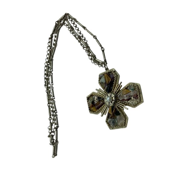 Vtg Stone Cross Pendant Necklace With Mixed Chain Design 10" Retro - Picture 4 of 5